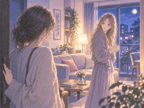 夜のリビングにいる見知らぬ女性を戸惑いながら見る女性