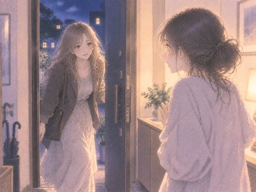 玄関から入ってくる見知らぬ女性を室内から見る女性