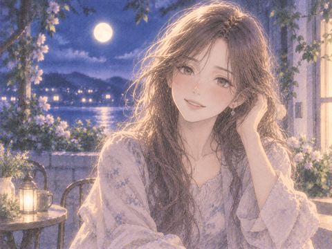 月明かりの中で穏やかに微笑む見知らぬ女性