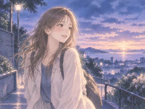 夜明け前の道に軽やかに立つ若い成人女性
