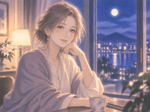 夜の窓辺で穏やかに佇む年上の見知らぬ女性