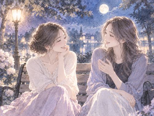 夜のベンチで自然に笑い合う二人の女性