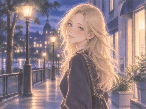 夜の街灯に照らされた金髪の見知らぬ女性