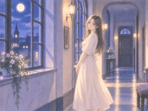 月明かりの廊下に白い服で立つ見知らぬ女性