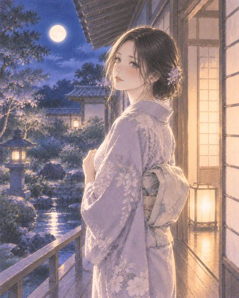 月夜の縁側に静かに立つ着物姿の見知らぬ女性