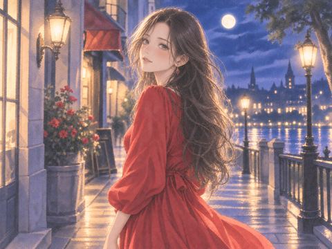 夜の街で赤い服を着て立つ見知らぬ女性