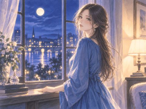 青い服で静かな窓辺に立つ見知らぬ女性