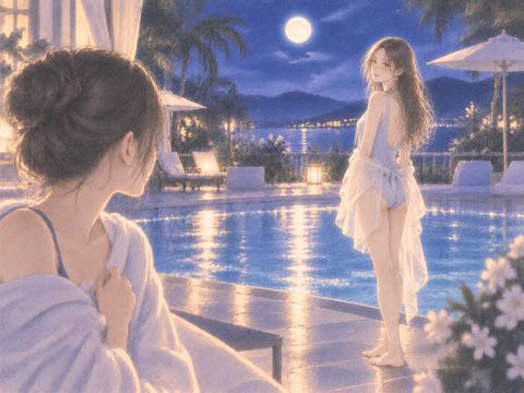 月明かりのプールサイドに水着で佇む成人女性