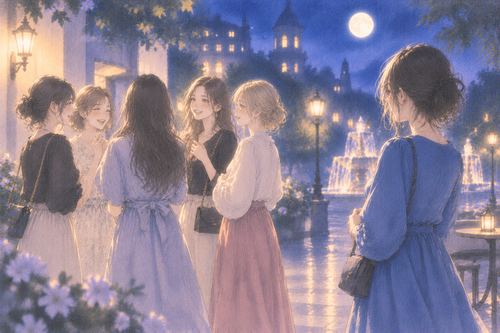 夜の広場で複数の見知らぬ女性の輪を見つめる女性