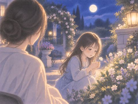 月明かりの庭で花を見つめる知らない少女
