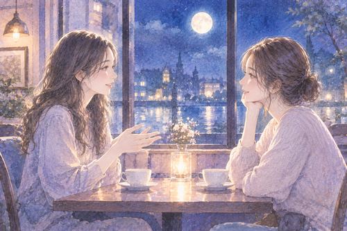 夜の窓辺で向かい合って話す二人の女性