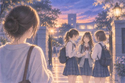 夕暮れから夜へ移る校門で友人と話す女子高生たち