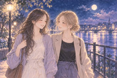 夜の散歩道を並んで歩く二人の女性