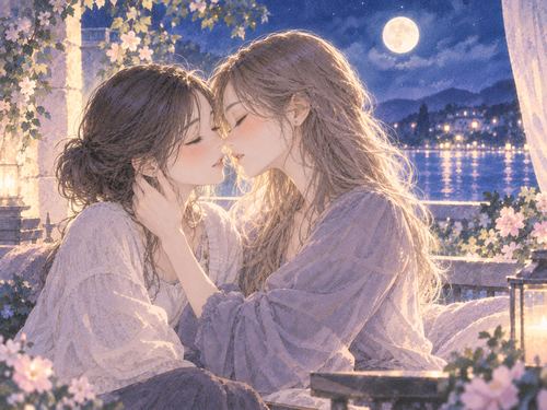 月明かりの中で顔を近づける二人の女性