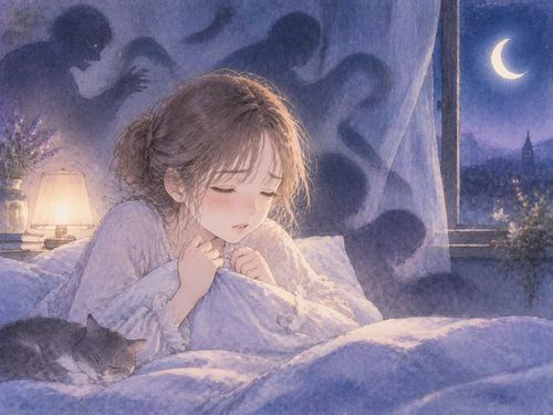 不安な表情の女性と夜の夢空間