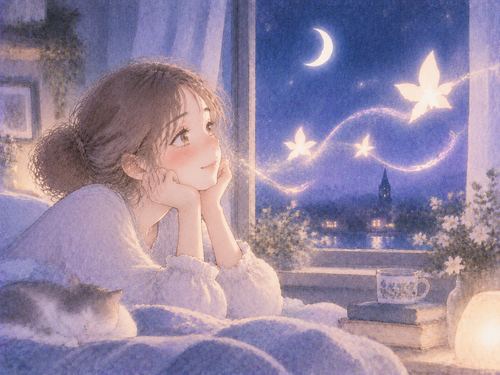 穏やかな女性と静かな夜の光