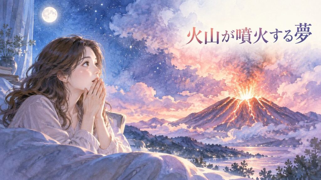 噴火する火山を夢のように見つめる大人の女性