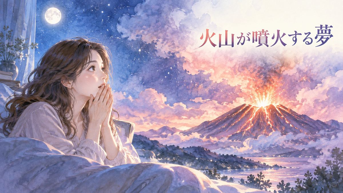 噴火する火山を夢のように見つめる大人の女性