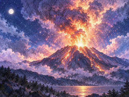 夜空を覆うほど大きく噴火する火山