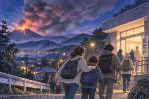 噴火した山を背に安全な場所へ避難する人々