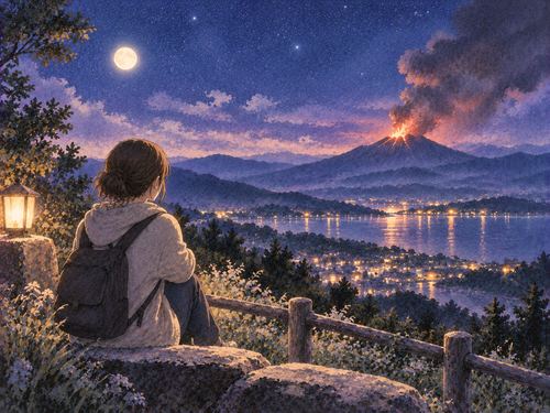 安全な高台から遠い噴火を振り返る人物