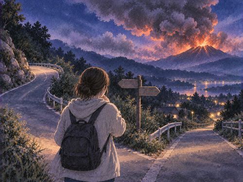 噴火を前に立ち止まり逃げ道を探す人物