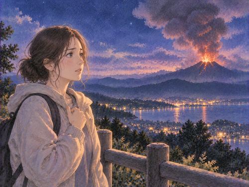 遠くの噴火を見て不安そうに立つ女性