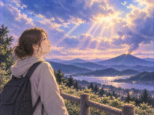 噴火後の澄んだ空を見上げる穏やかな女性