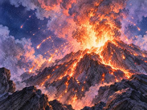 すぐ目の前で噴火する火山を見上げる場面