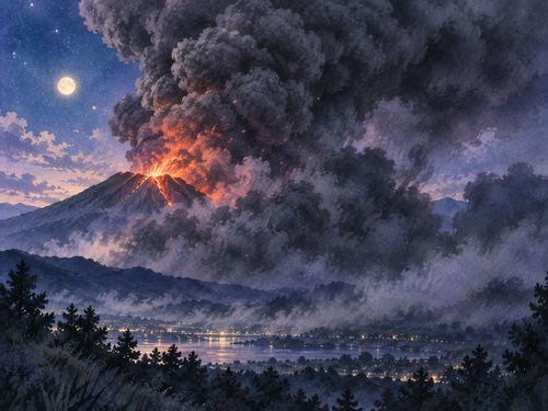 火山から立ち上がり景色を覆う黒い噴煙