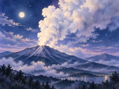 火山から淡い白い噴煙が空へ広がる景色