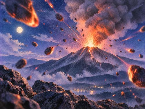 噴火した火山から手前へ飛んでくる噴石