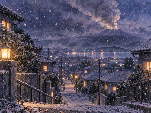 静かな町並みに細かな火山灰が降る夜景