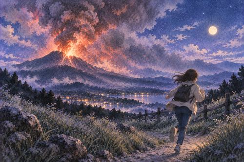 噴火する山から離れるように走る人物