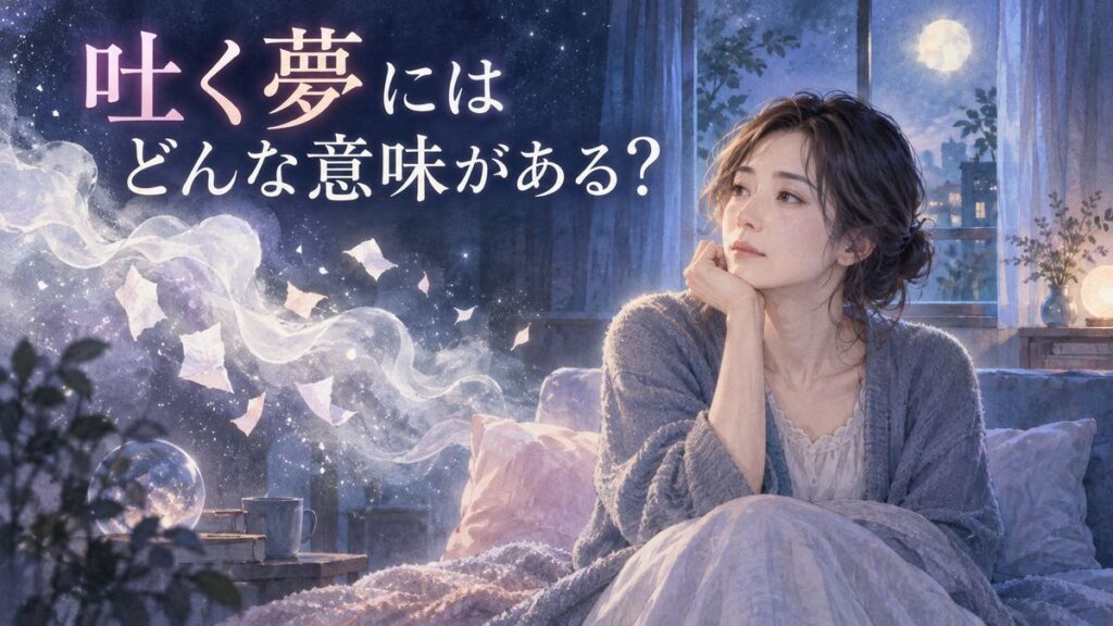 夜明け前の青い部屋で、吐く夢の余韻を感じながら静かに座る大人の女性と淡い光に包まれた夢のモチーフ
