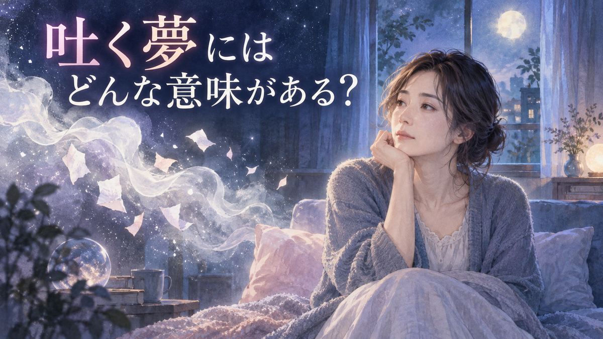 夜明け前の青い部屋で、吐く夢の余韻を感じながら静かに座る大人の女性と淡い光に包まれた夢のモチーフ