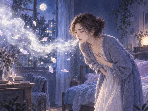 夜の部屋で女性が吐き出す動作をしている幻想的な夢の場面