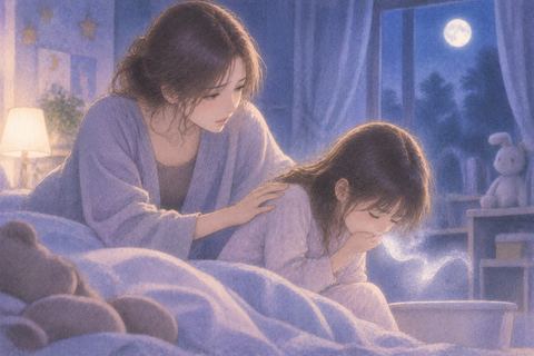 夜の部屋で子供を心配そうに見守る大人の女性の夢の場面