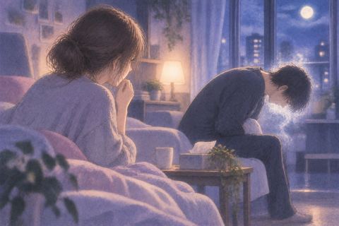 夜の部屋で弱った彼氏を心配して見つめる大人の女性の夢の場面