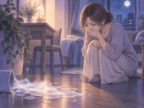 夜の床に残った淡い夢の痕跡を見つめる大人の女性の場面