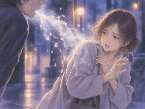 不意に白銀の霧を浴びて驚く大人の女性の幻想的な夢の場面
