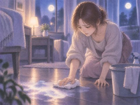 夜の部屋で床に残った淡い夢の痕跡を静かに片付ける大人の女性