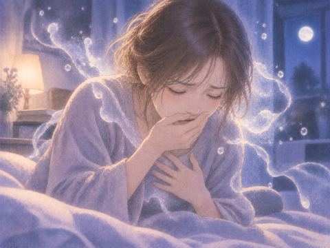 夢と現実の境目で吐く感覚に驚く大人の女性の幻想的な場面