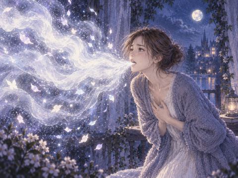 大量のものを吐き出している夢を象徴的に表現した静かな夜の場面