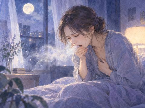 不快感を抱えた大人の女性が夜の部屋で吐き出そうとしている幻想的な夢の場面