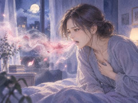 赤い光を含む霧を吐き出す幻想的な大人の女性の夢の場面
