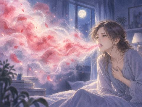 大量の赤い光を含む霧が広がる幻想的な夢の場面