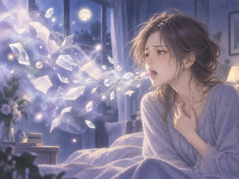 口から小さな白銀の異物を吐き出す幻想的な女性の夢の場面