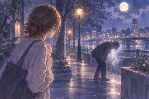 夜の街角で別の人物が苦しそうにしているのを見つめる大人の女性の夢の場面