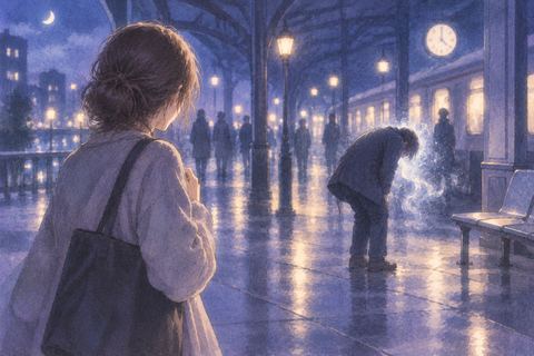 夜の駅のような場所で知らない人物が苦しそうにしている夢の場面